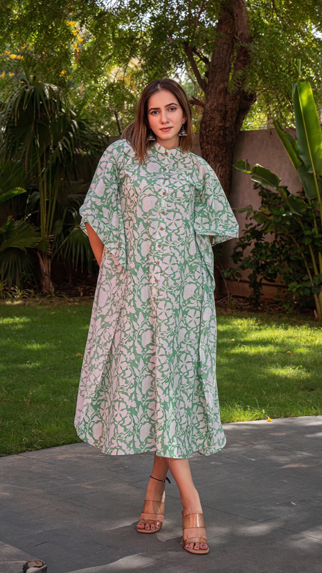 Powder Green Sanganeri Print Cotton Kaftan