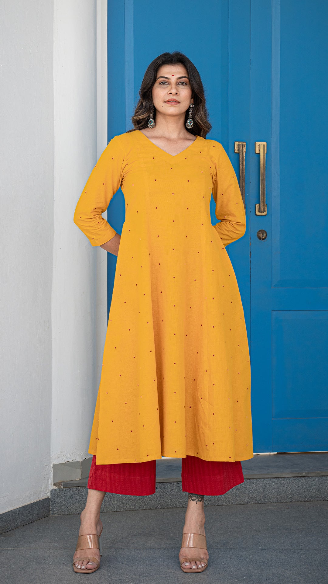 Shambhavi Hand Woven Kali Cotton Kurta - Yellow