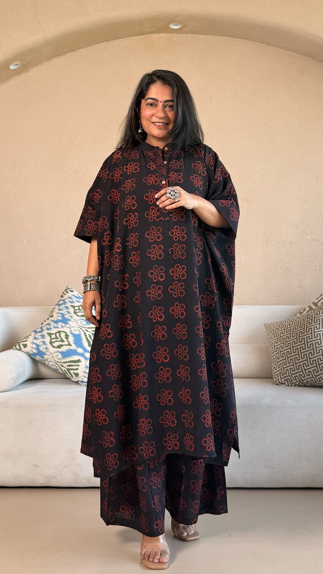 Kareena Ajrakh Cotton Kaftan Co-ord - Black/Maroon