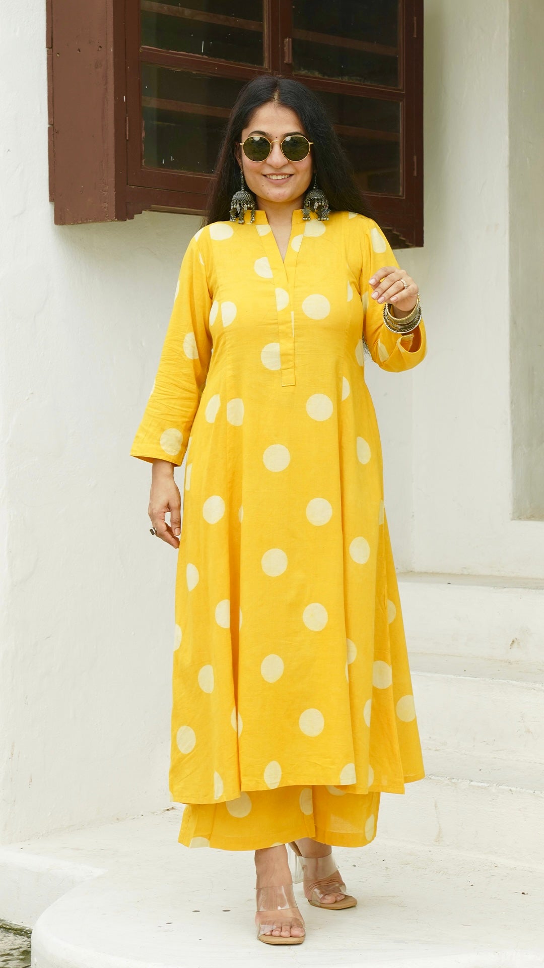 Yellow Polka Dots Kali Kurta In Cotton