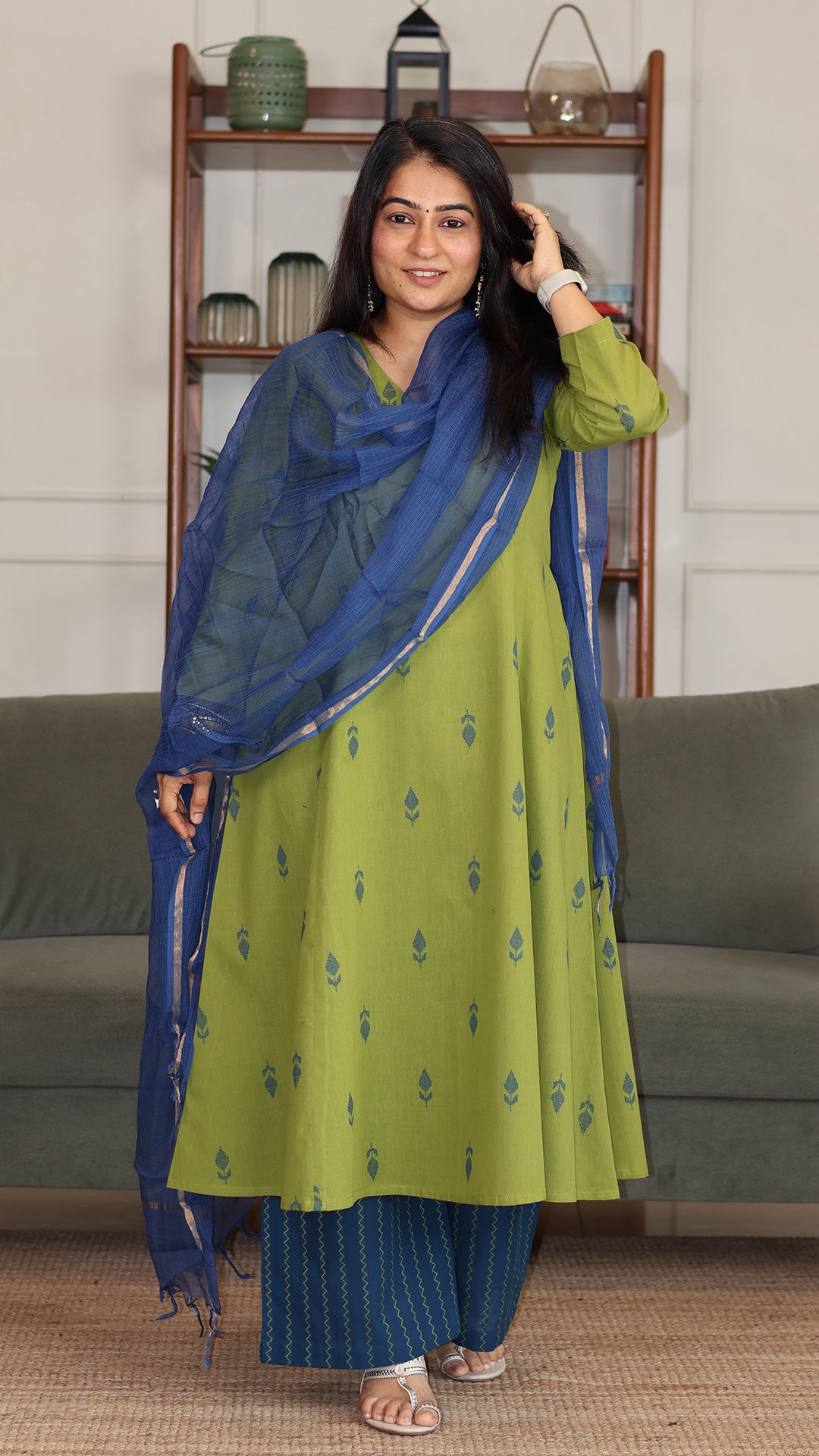 Vaani Handwoven Cotton Kurta - Green/Blue