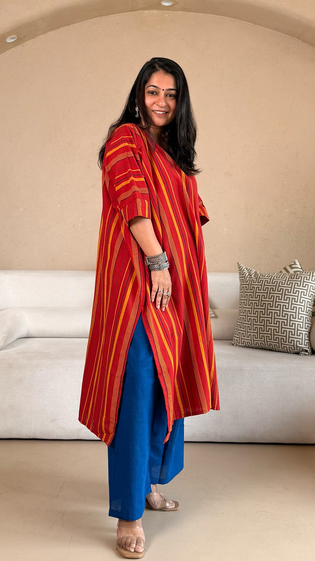 Rucha Stripes Kaftan Co-ord In Handwoven Cotton - Red