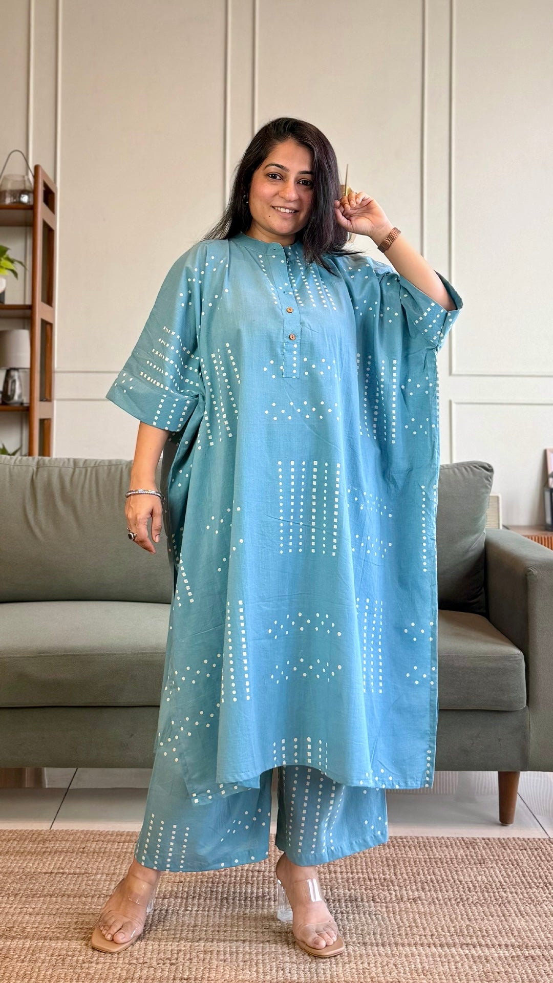 Aarvi Kaftan Co-ord In Cotton - Sky Blue