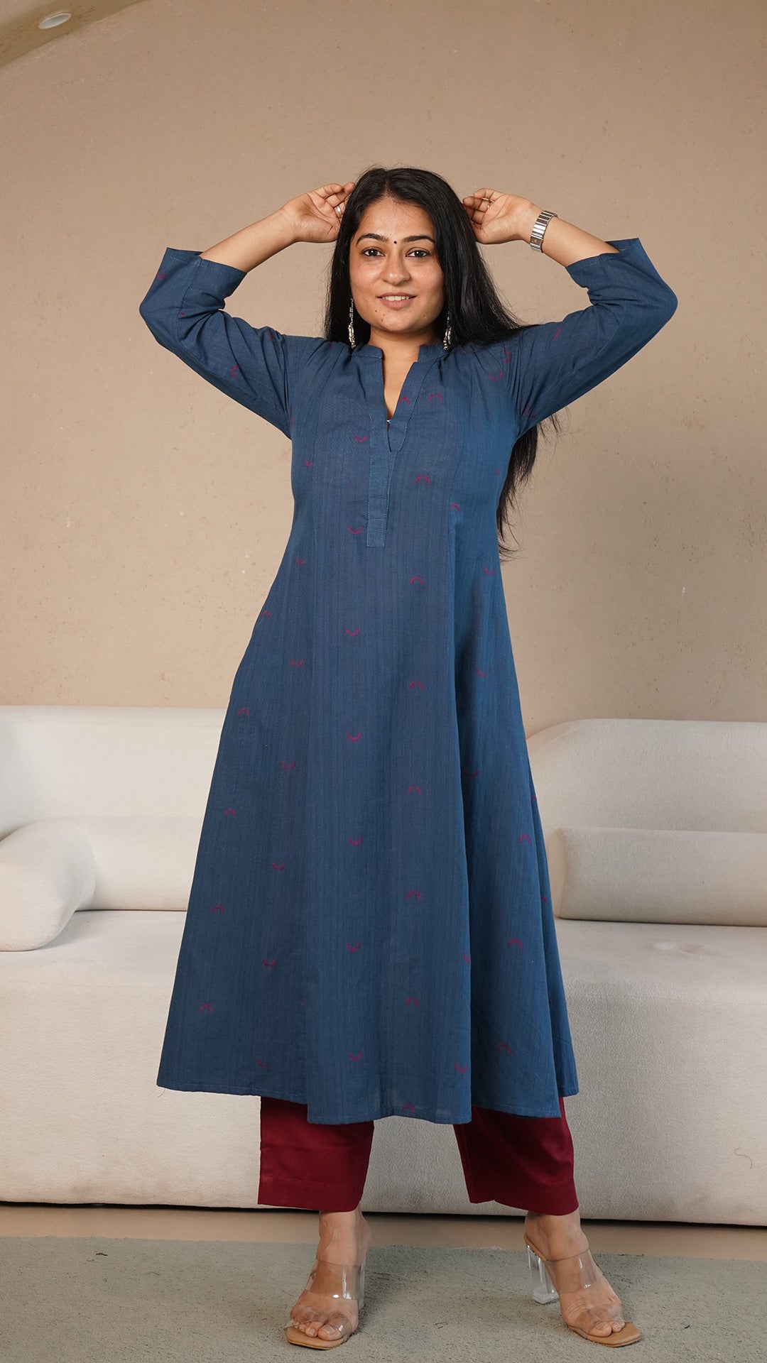Mirah Chand Motif Hand Woven Kali Cotton Kurta - Blue