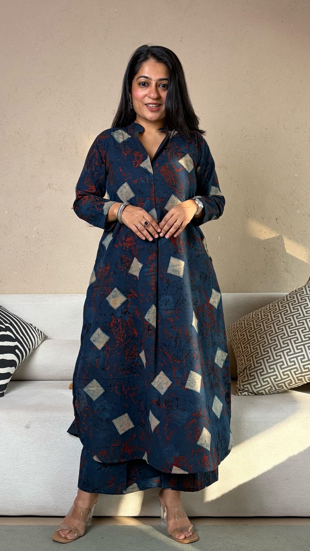 Nida Ajrakh Kali Kurta In Cotton - Indigo
