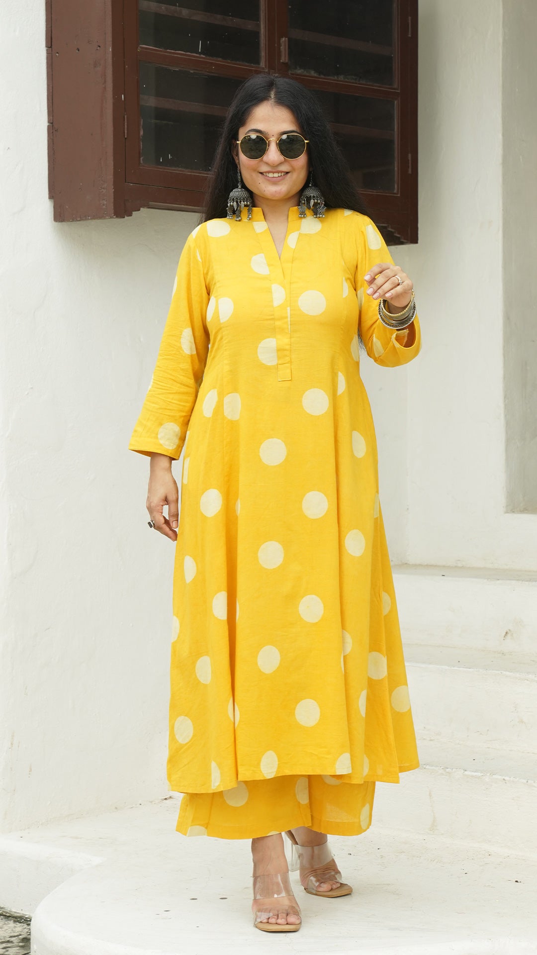 Yellow Polka Dots Kali Kurta In Cotton