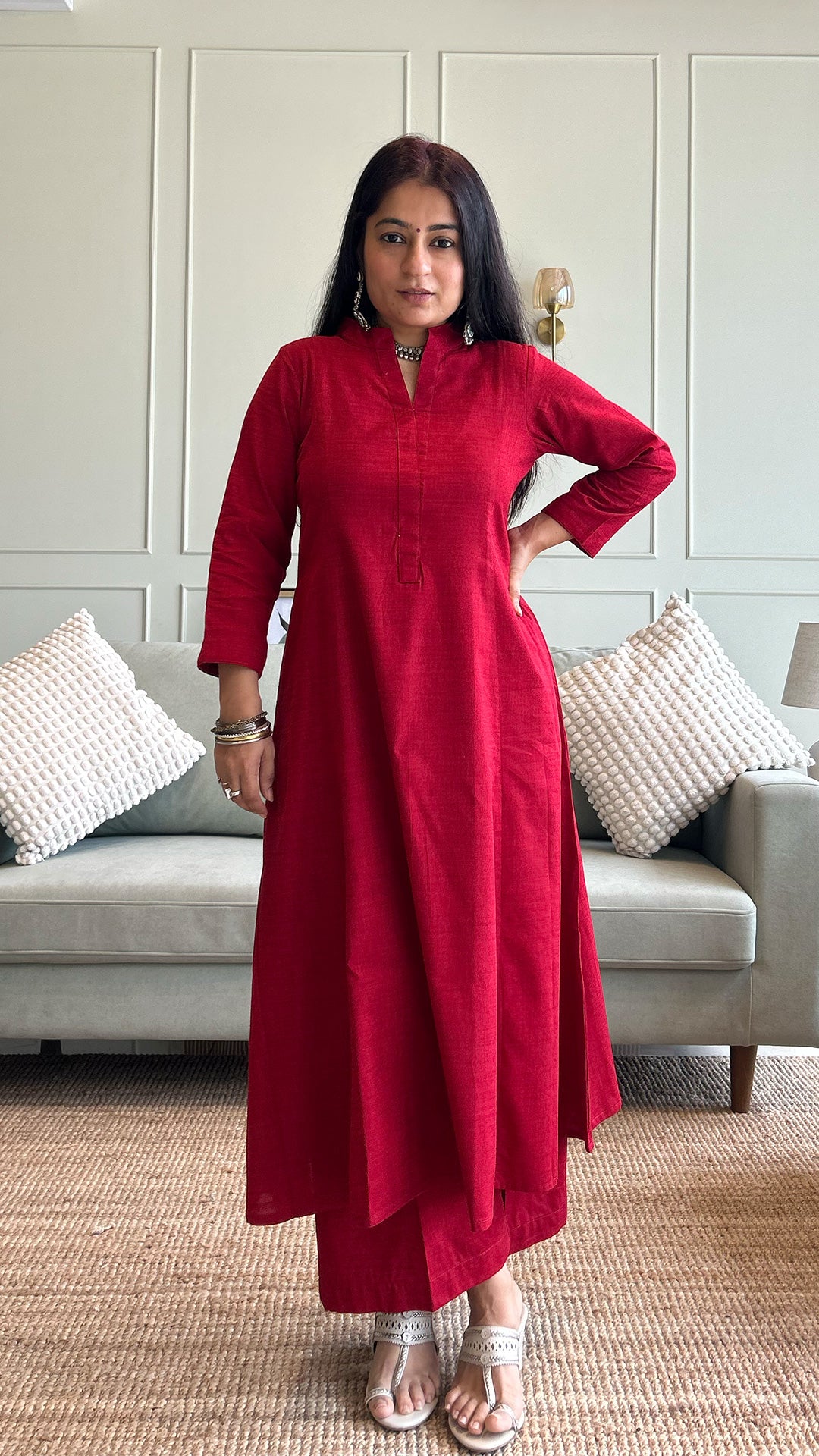 Solid Red Hand Woven Kali Cotton Kurta