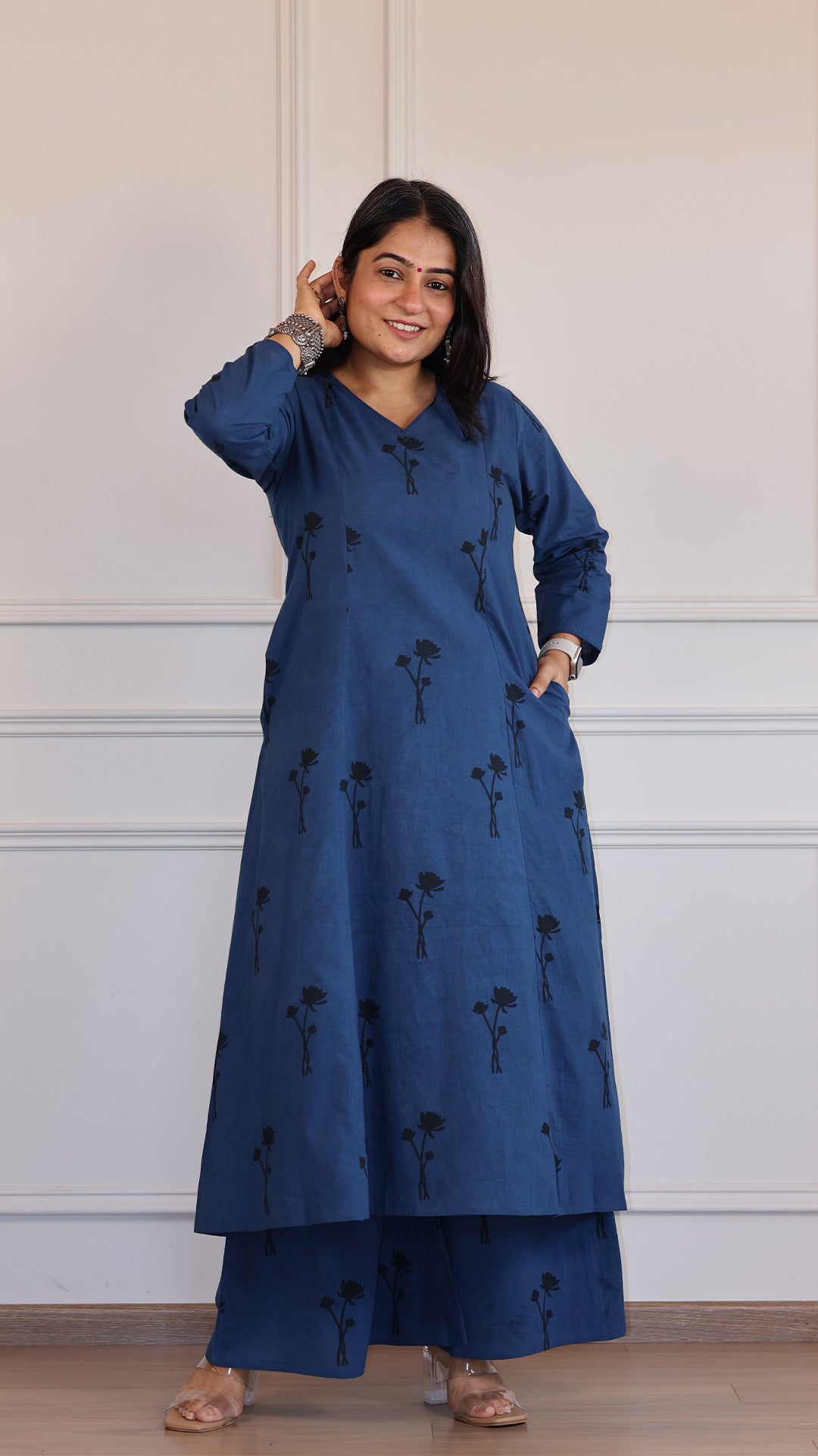 Aanvi Ajrakh Cotton Hand Block Kurta Set- Indigo/Black Floral