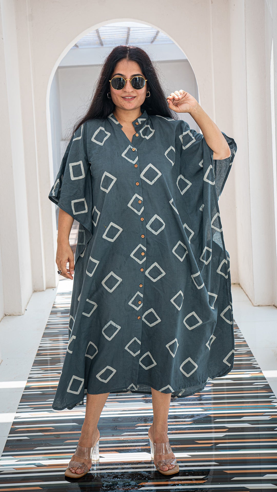 Grey Geometric Print Cotton Kaftan