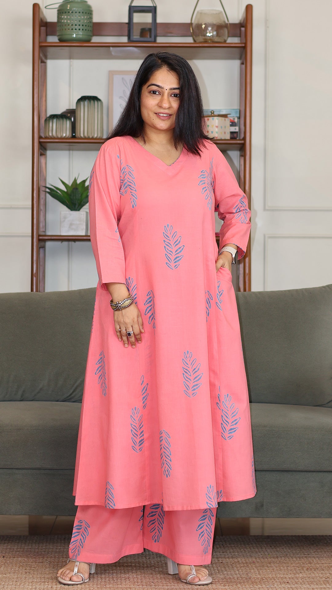 Nora Hand Block Cotton Kurta - Peach