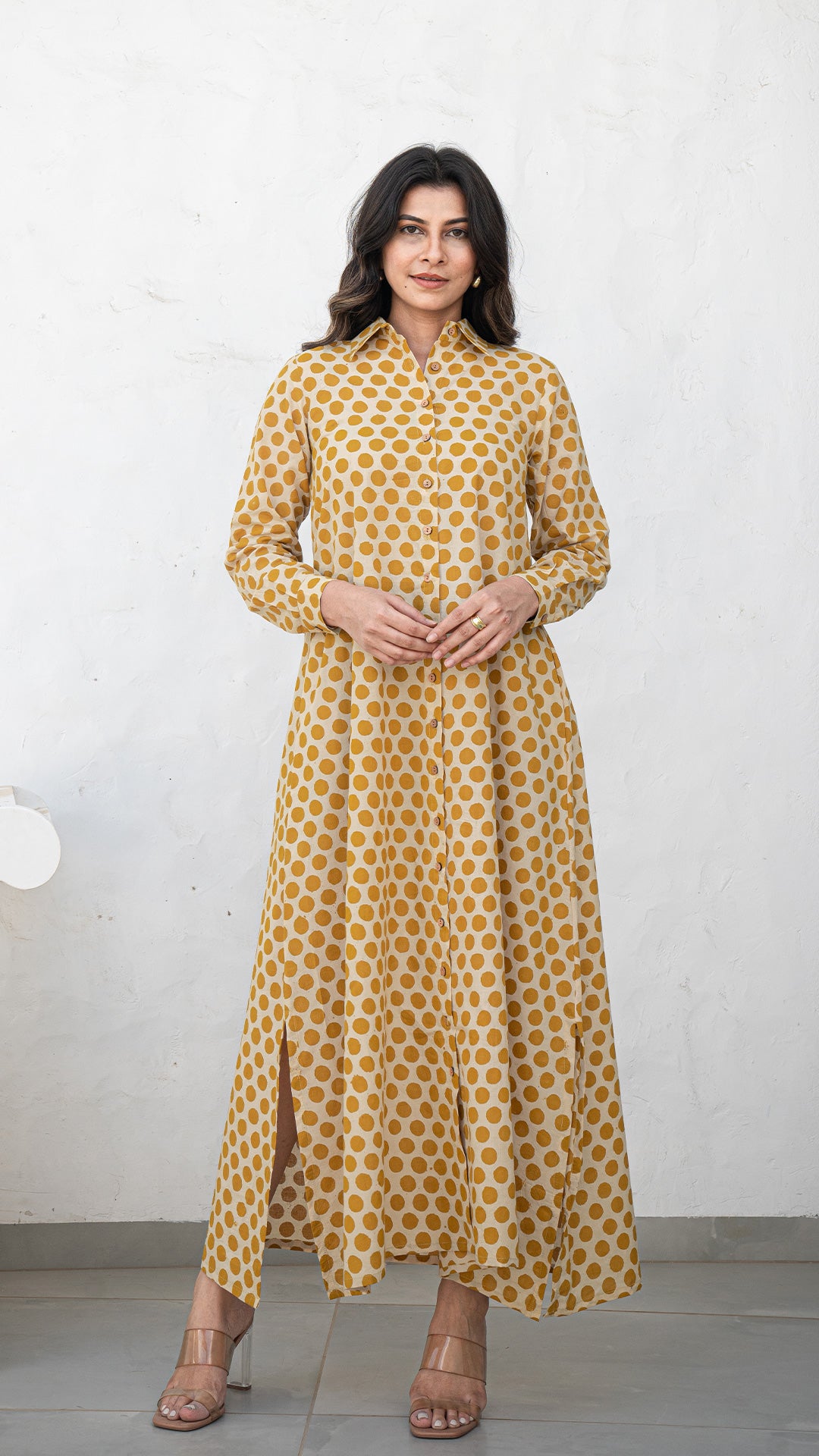 Mustard Polka Cotton Shirt Dress With Slit