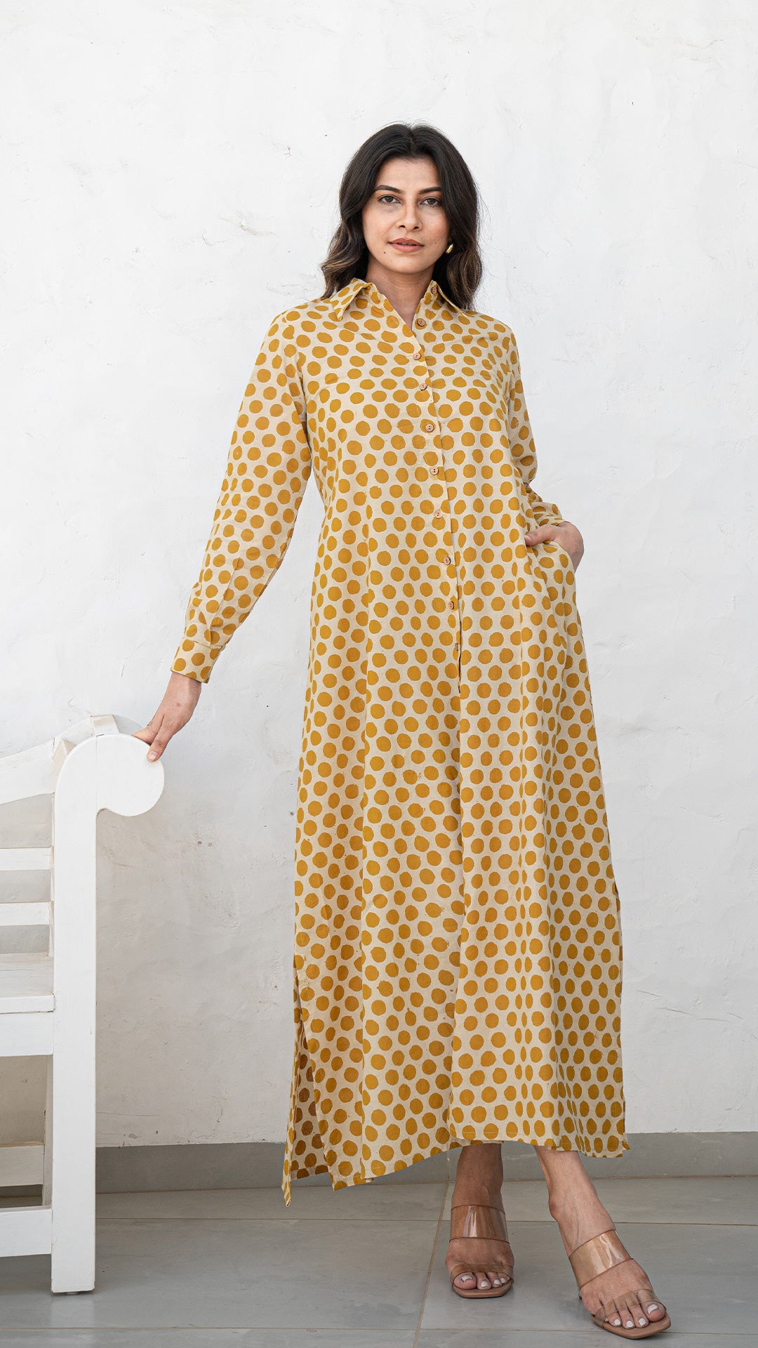 Mustard Polka Cotton Shirt Dress With Slit