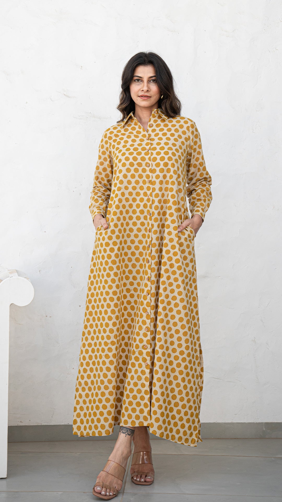 Mustard Polka Cotton Shirt Dress With Slit