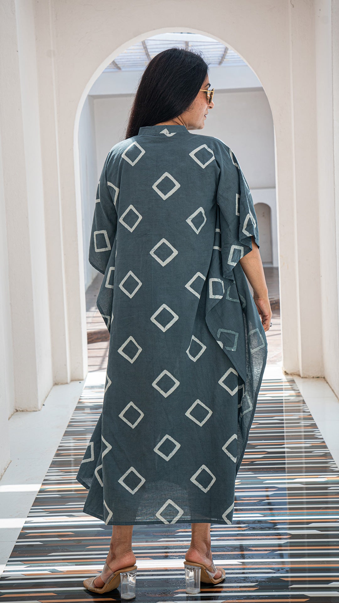 Grey Geometric Print Cotton Kaftan