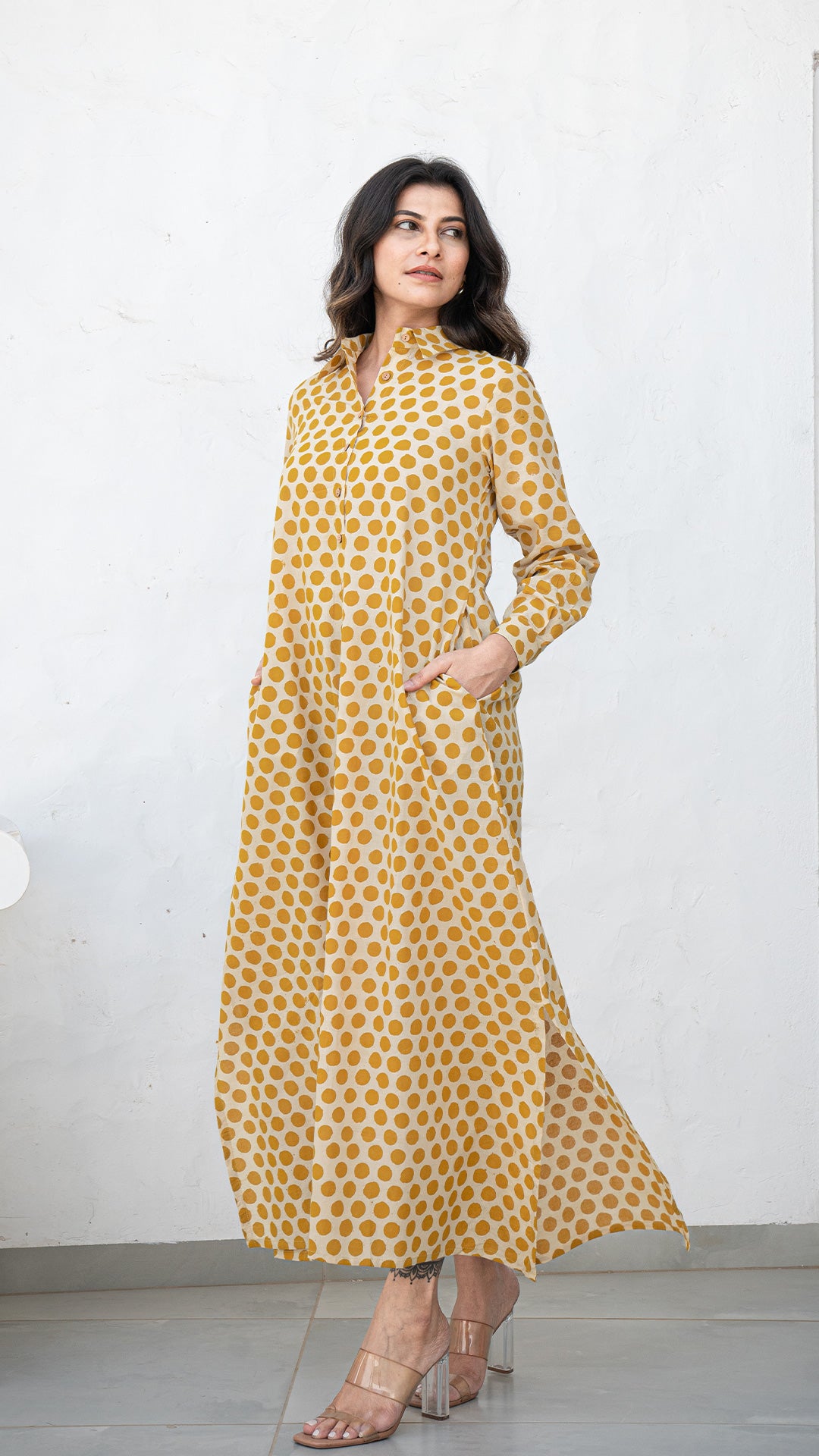Mustard Polka Cotton Shirt Dress With Slit