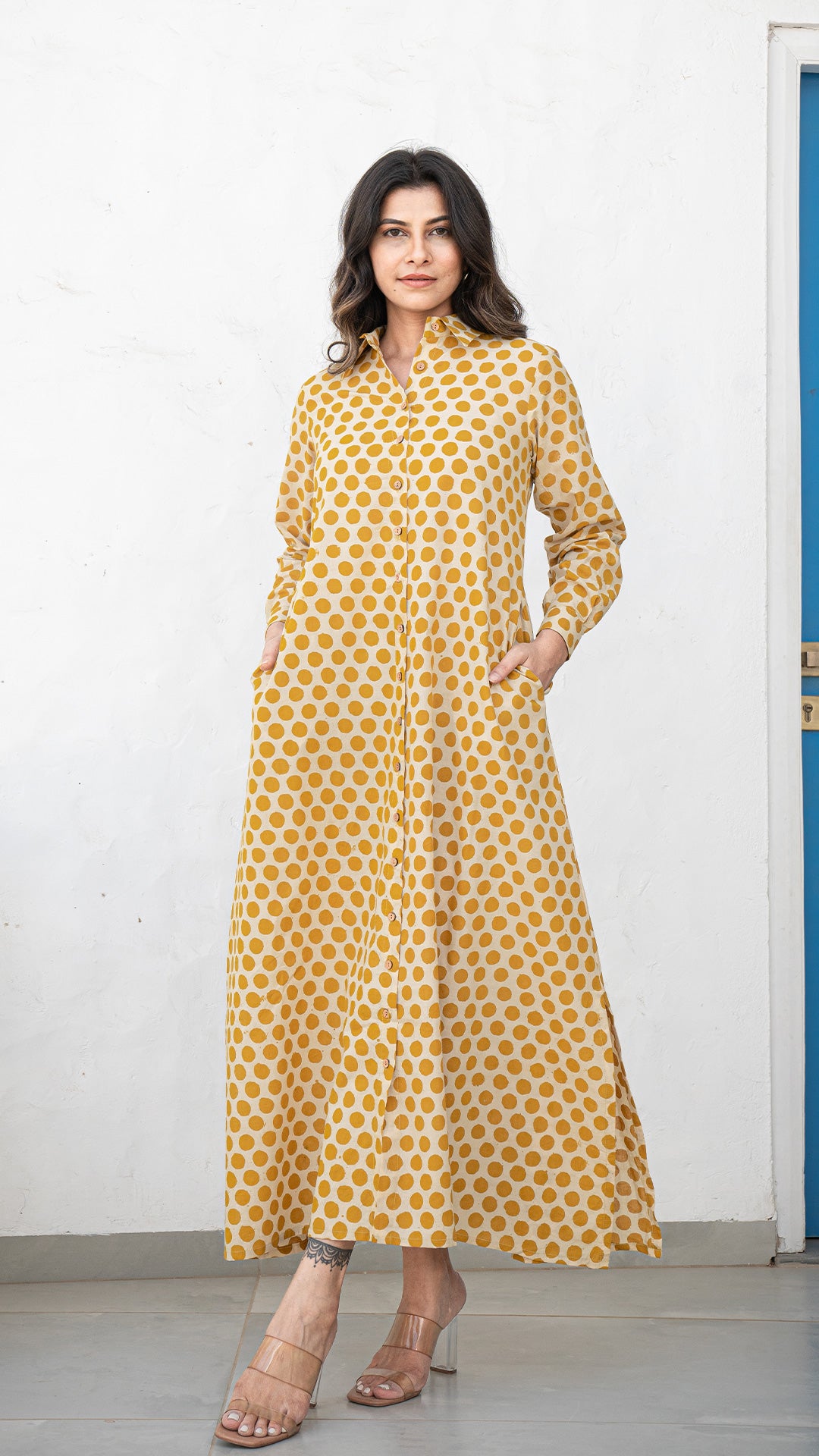 Mustard Polka Cotton Shirt Dress With Slit