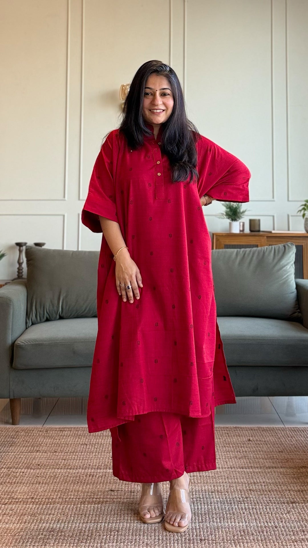 Ruby Handwoven Cotton Kaftan Co-ord - Red