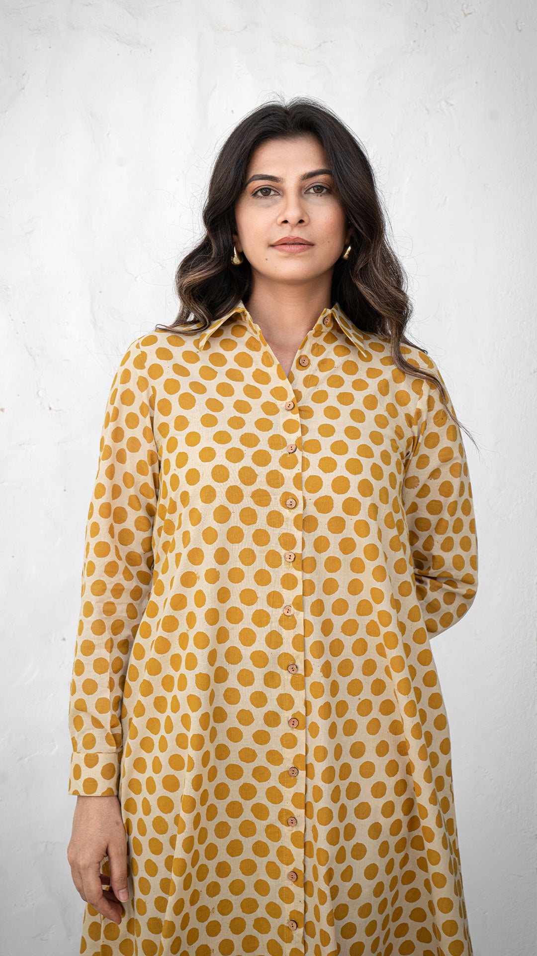 Mustard Polka Cotton Shirt Dress With Slit