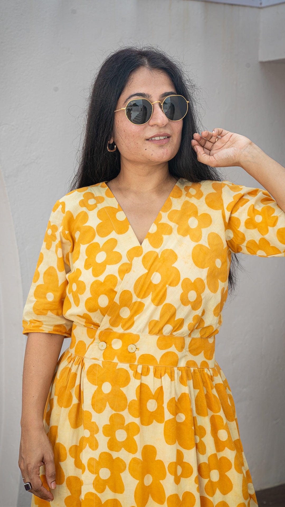 Yellow Floral Pleated Cotton Dress