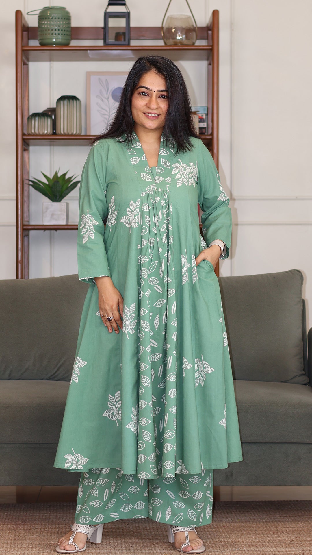 Ivana Hand Block Cotton Kurta - Sage Green