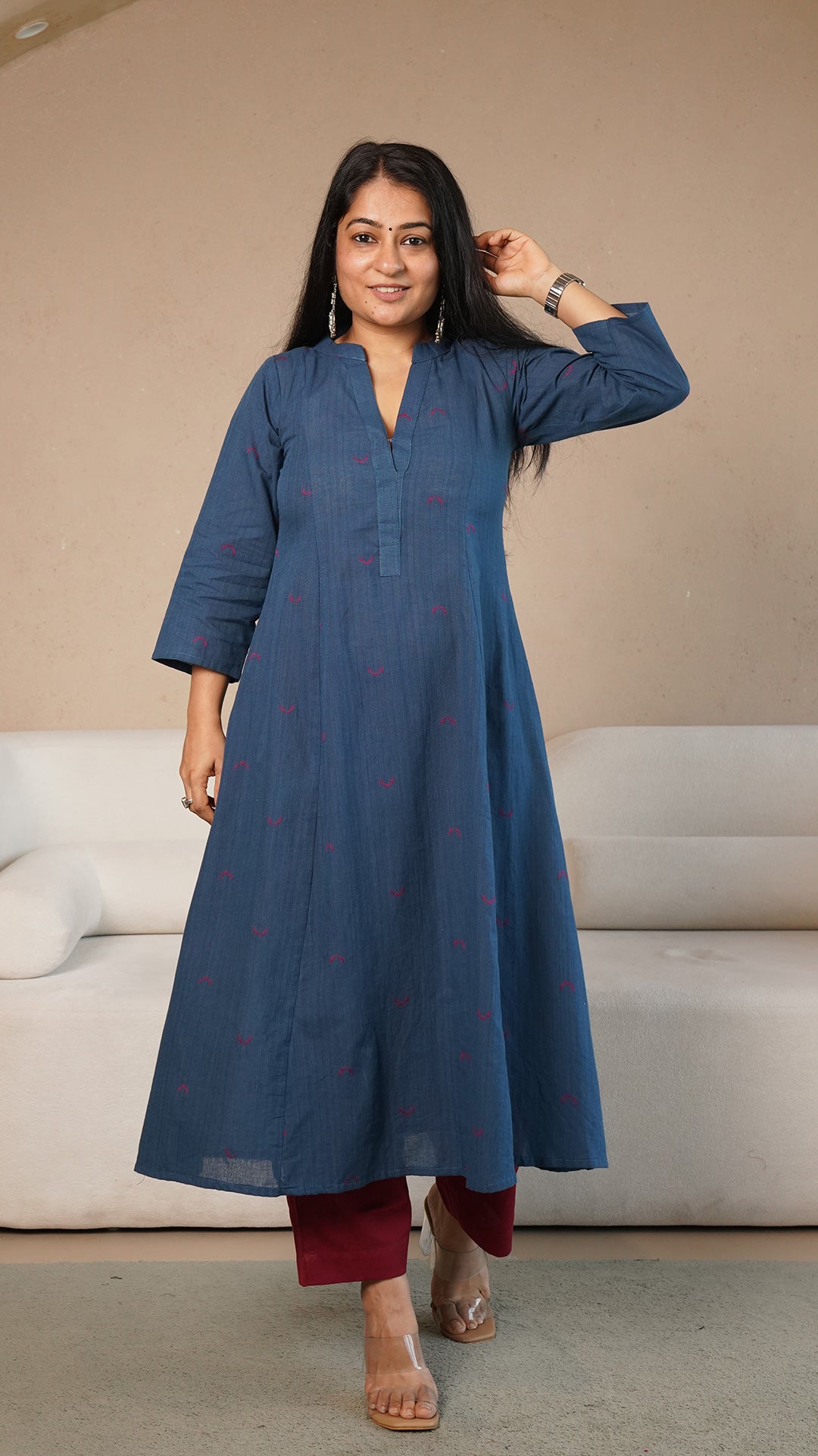 Mirah Chand Motif Hand Woven Kali Cotton Kurta - Blue