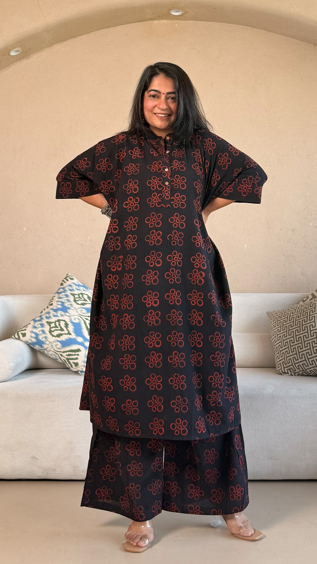 Kareena Ajrakh Cotton Kaftan Co-ord - Black/Maroon