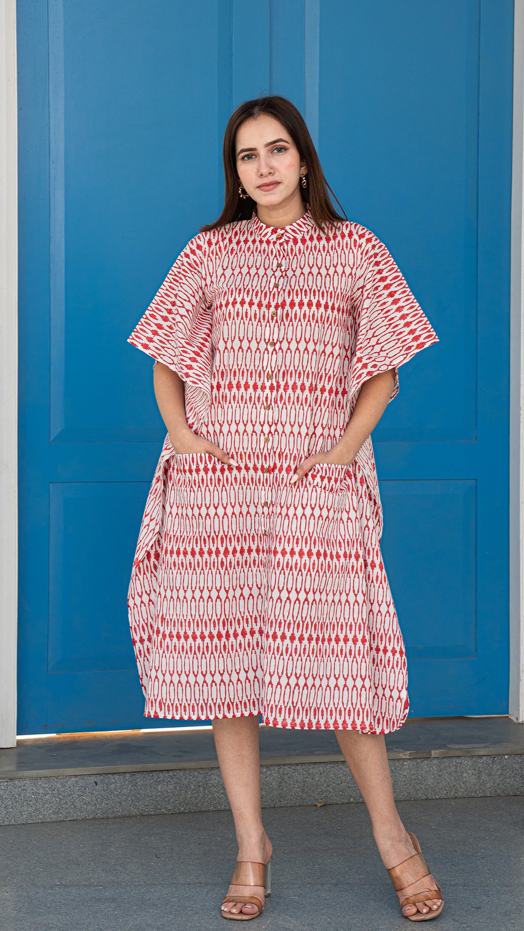 Red and White Geometric Print Kaftan In Cotton