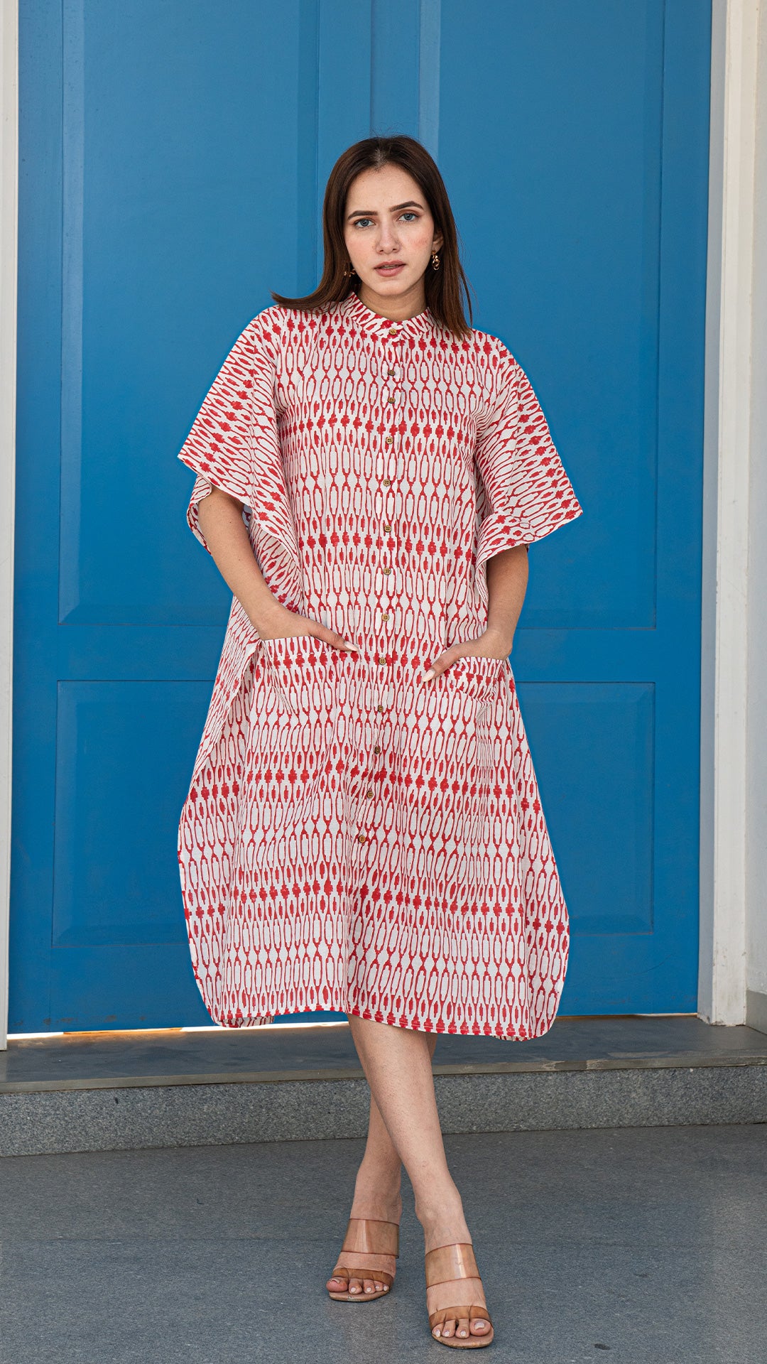 Red and White Geometric Print Kaftan In Cotton