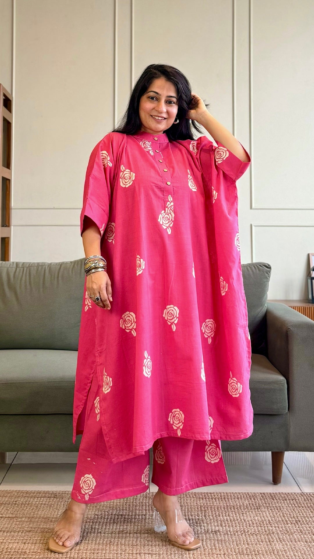 Raahi Kaftan Co-ord In Cotton - Pink