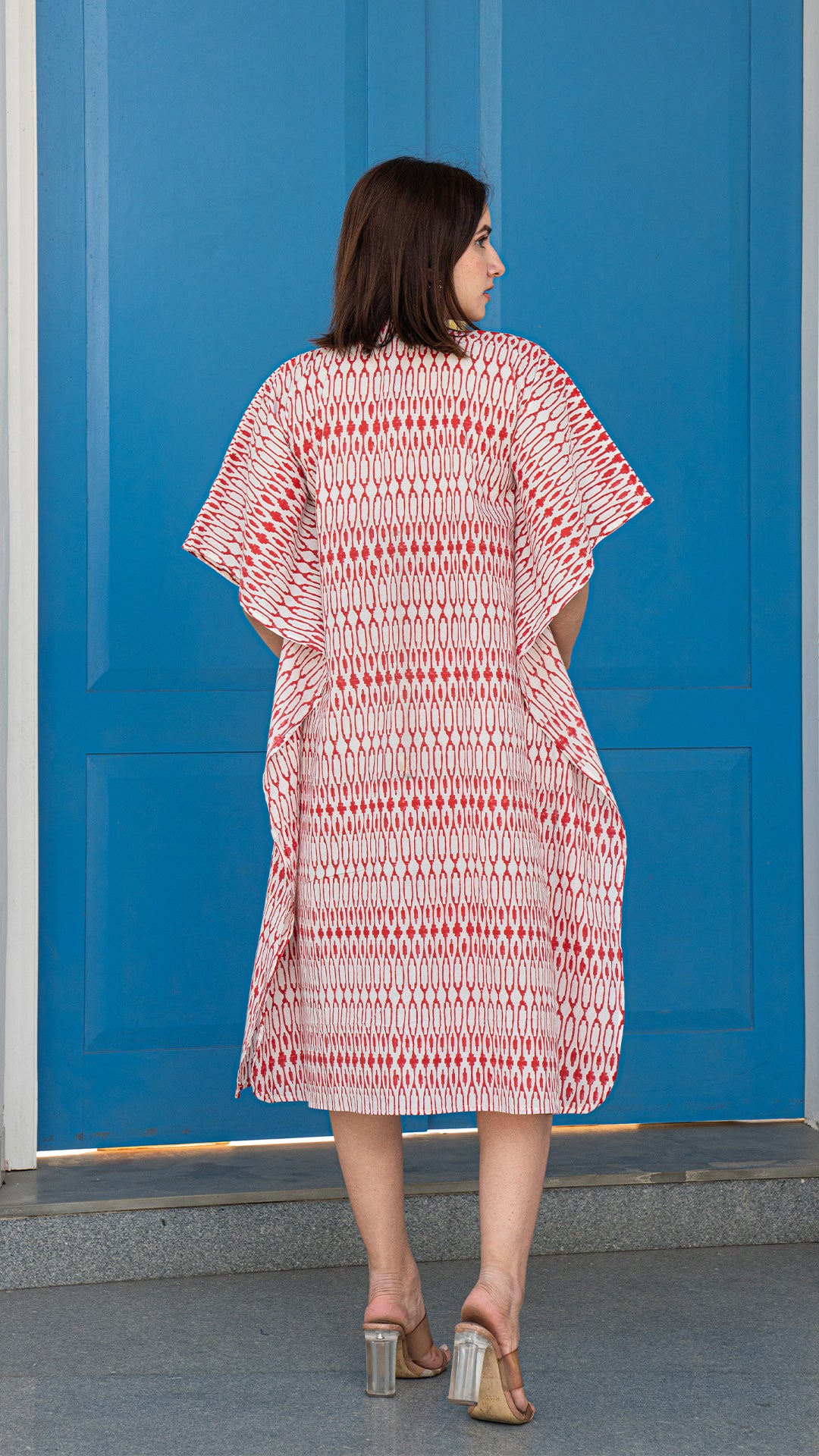 Red and White Geometric Print Kaftan In Cotton