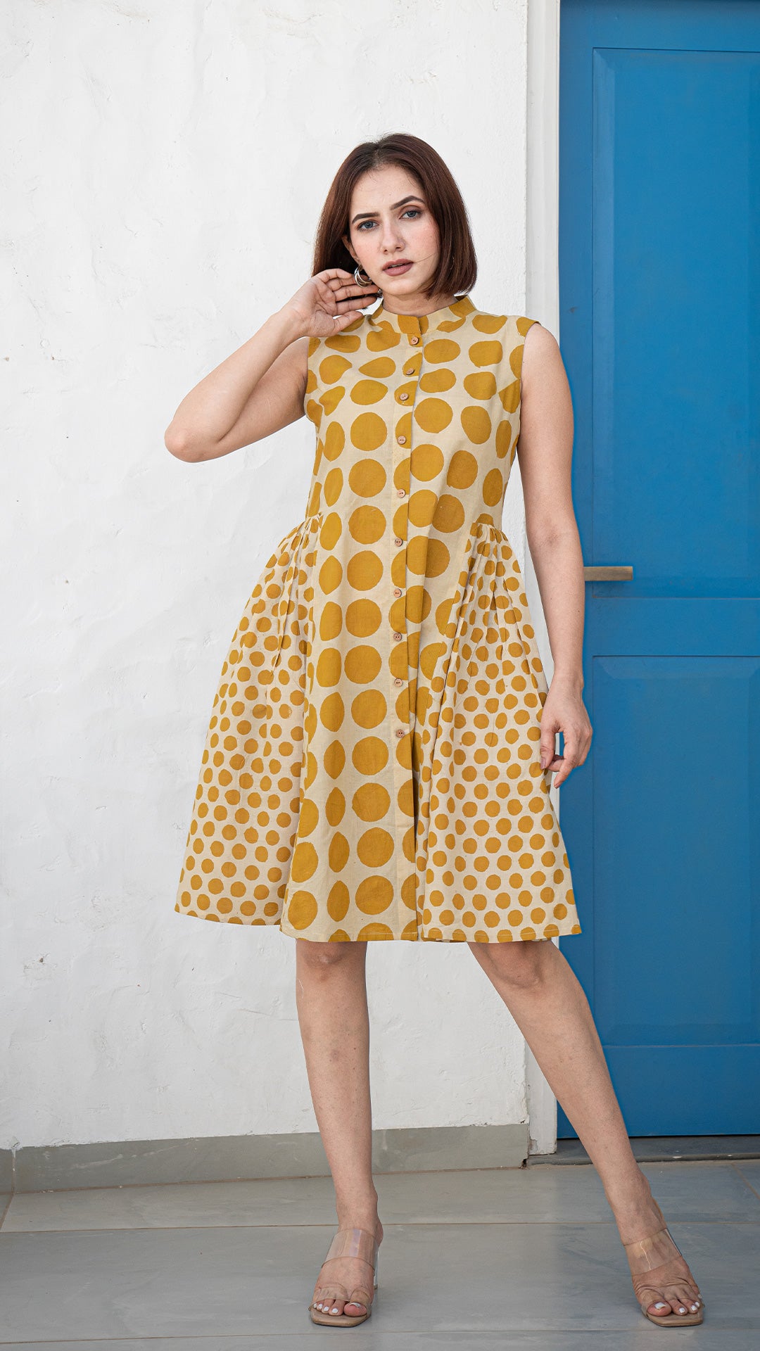 Mustard Polka Cotton Skater Dress