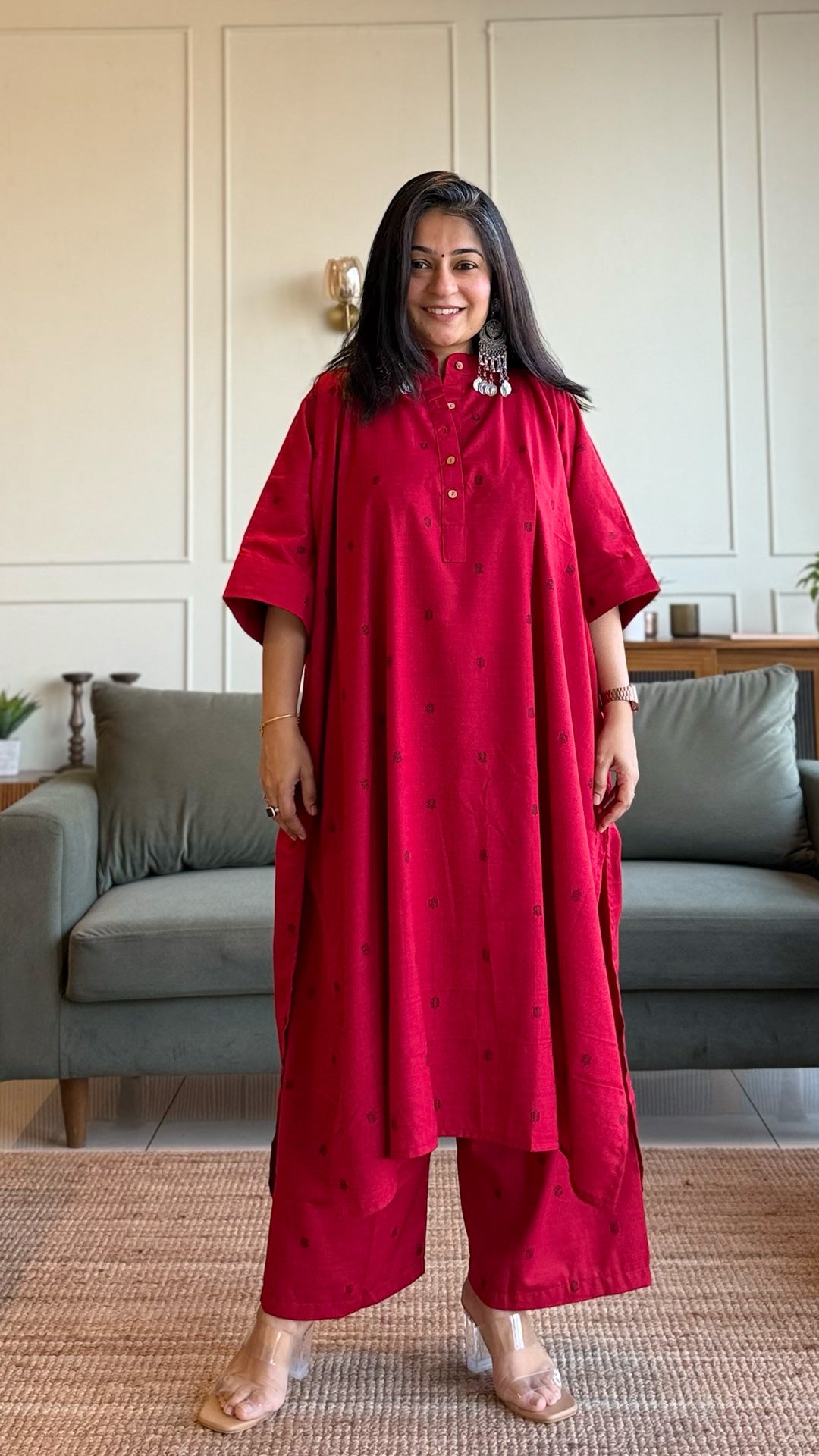 Ruby Handwoven Cotton Kaftan Co-ord - Red