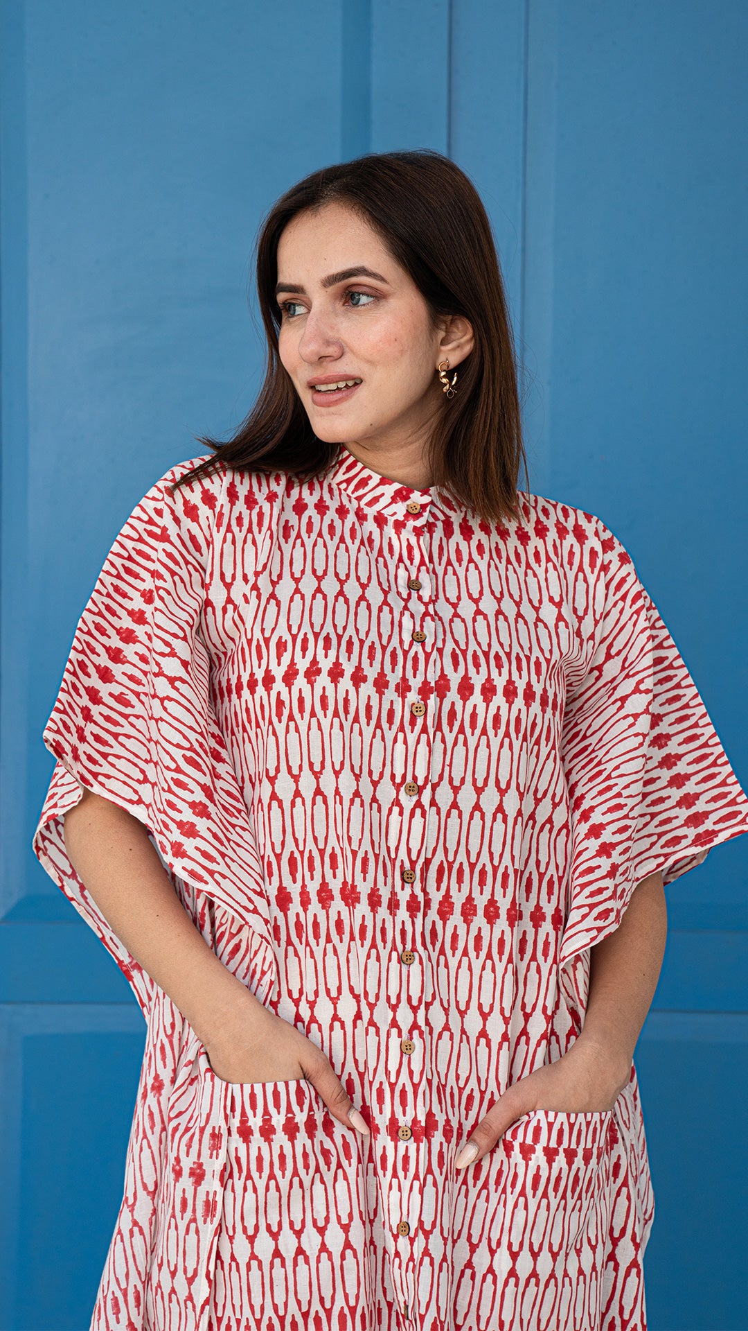 Red and White Geometric Print Kaftan In Cotton