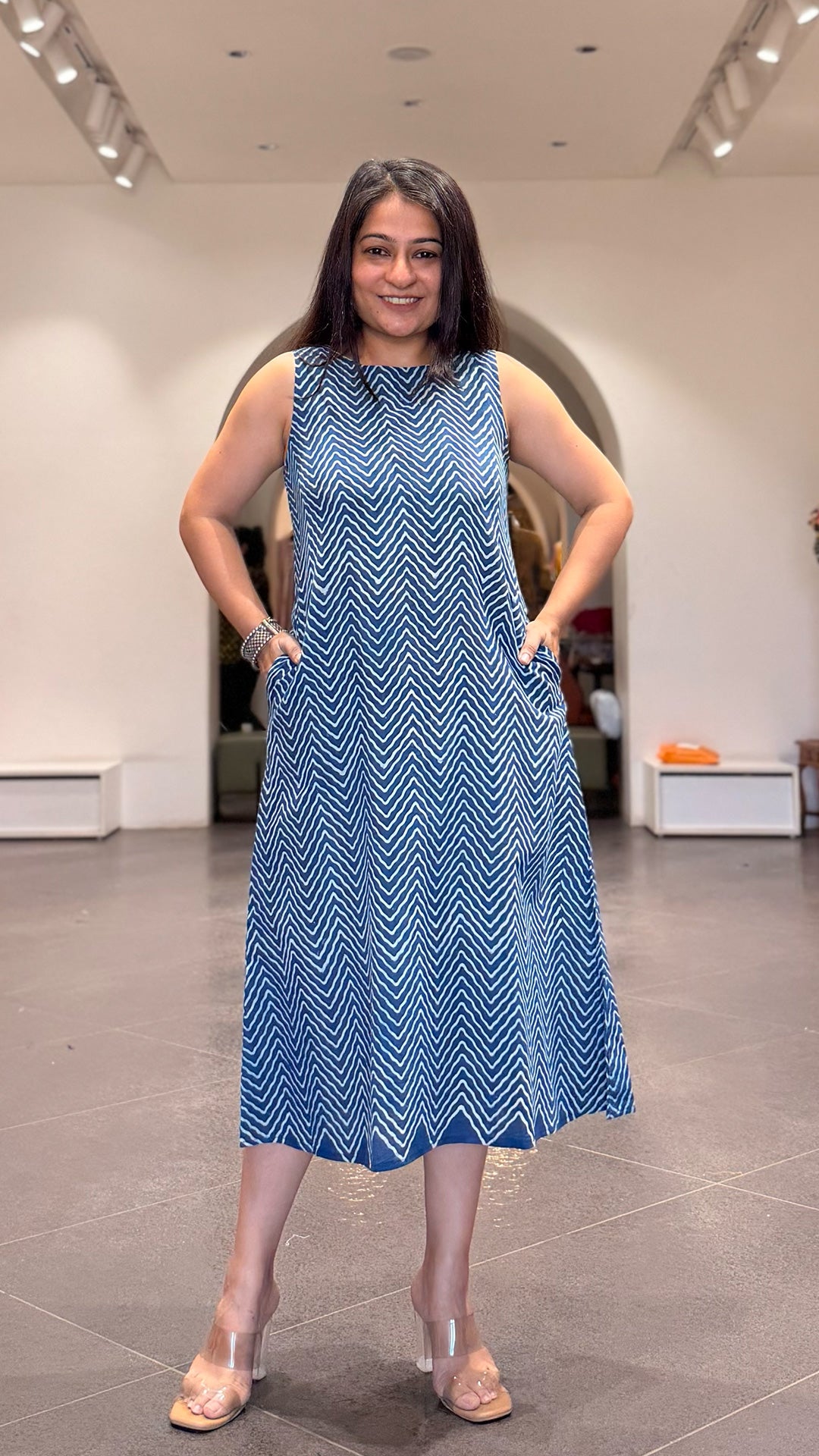 Indigo Zig Zag Cotton Midi Dress In Ajrakh
