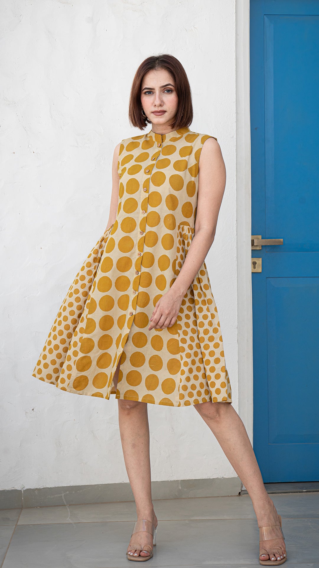 Mustard Polka Cotton Skater Dress