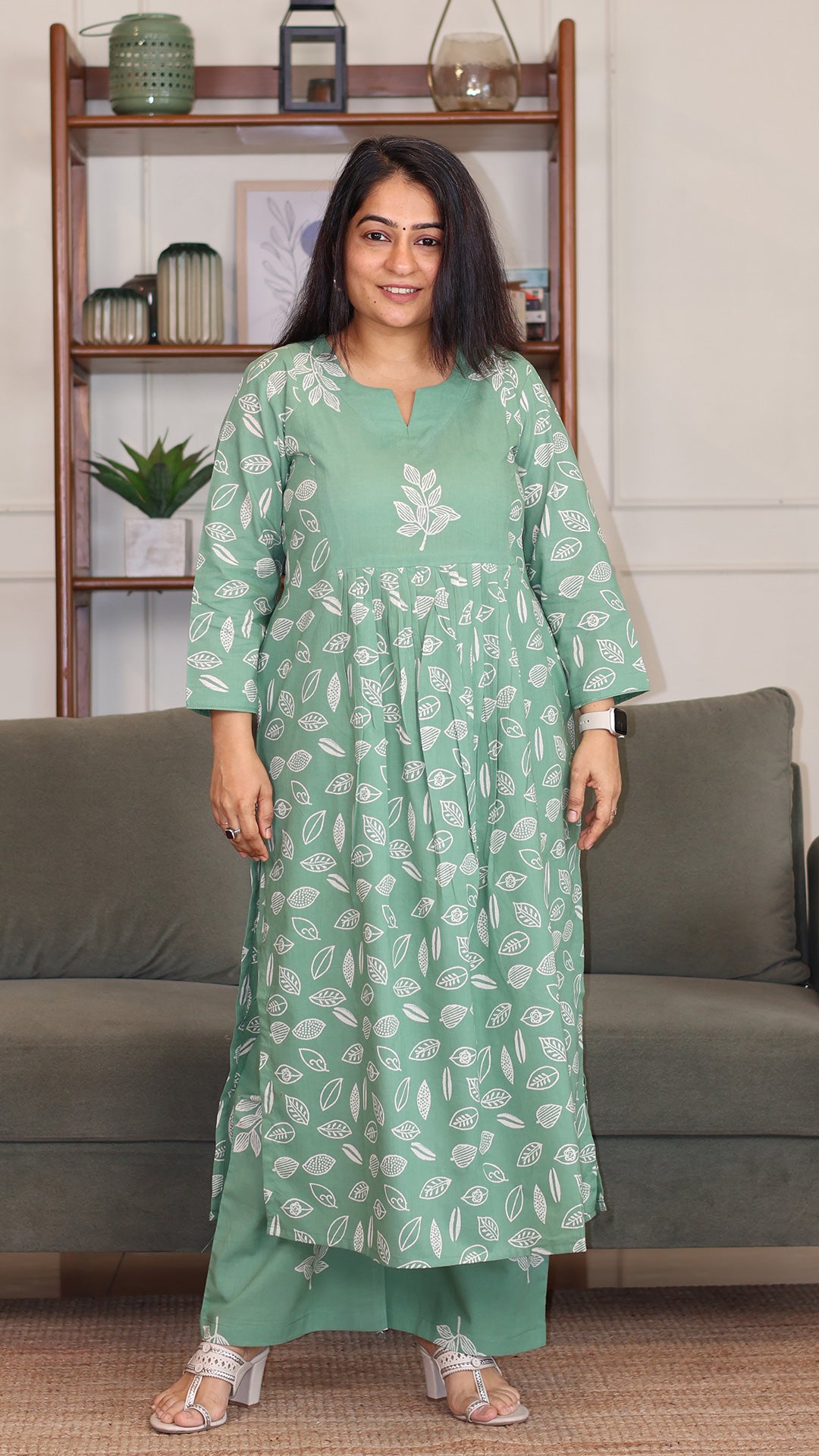 Amaira Hand Block Cotton Kurta - Sage Green