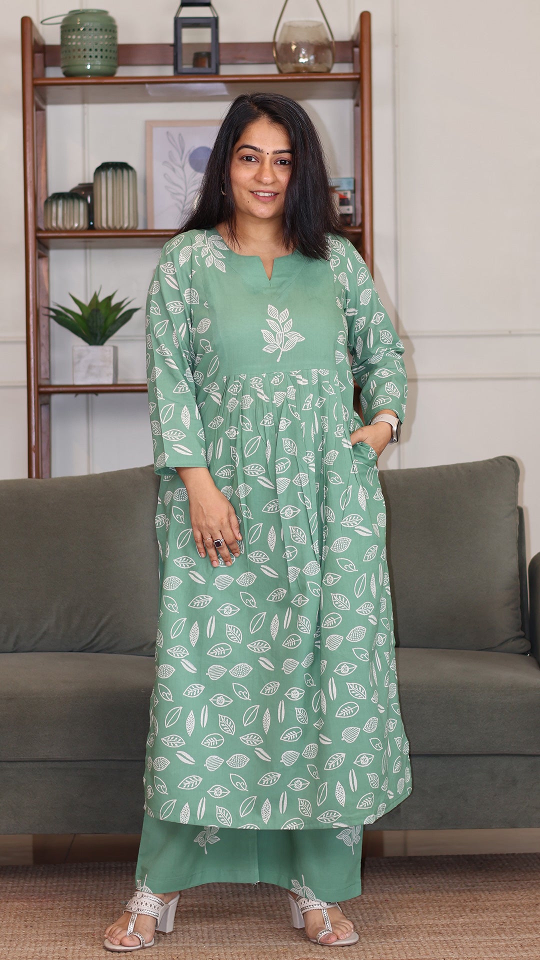 Amaira Hand Block Cotton Kurta - Sage Green