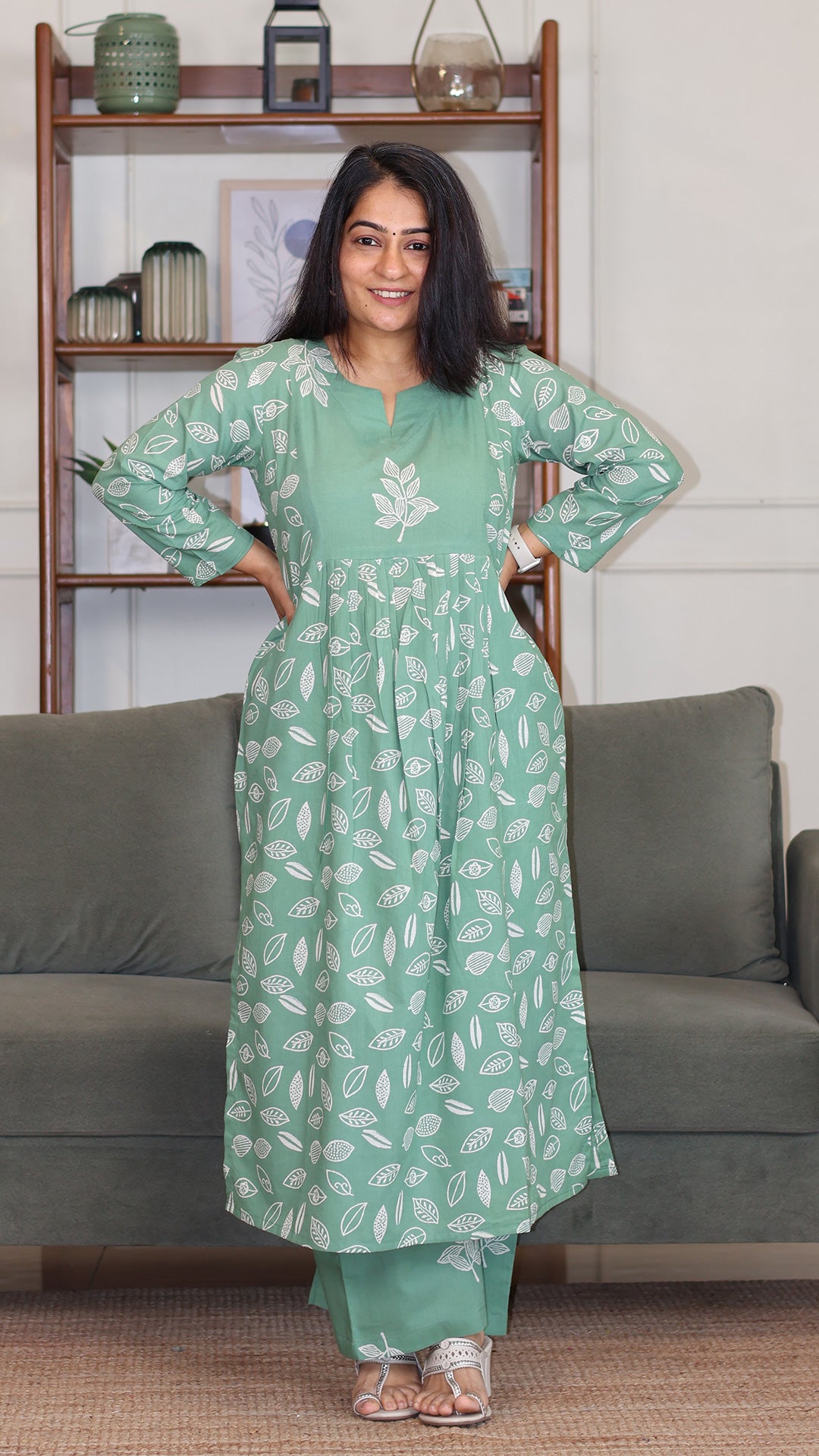 Amaira Hand Block Cotton Kurta - Sage Green