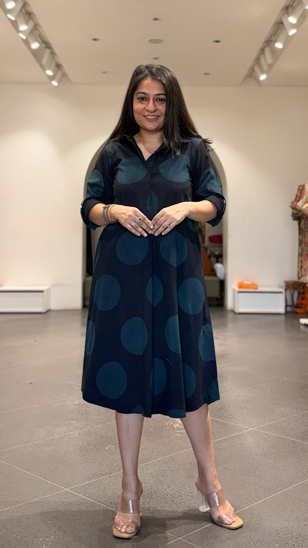 Black Polka Dots Cotton Shirt Dress In Ajrakh