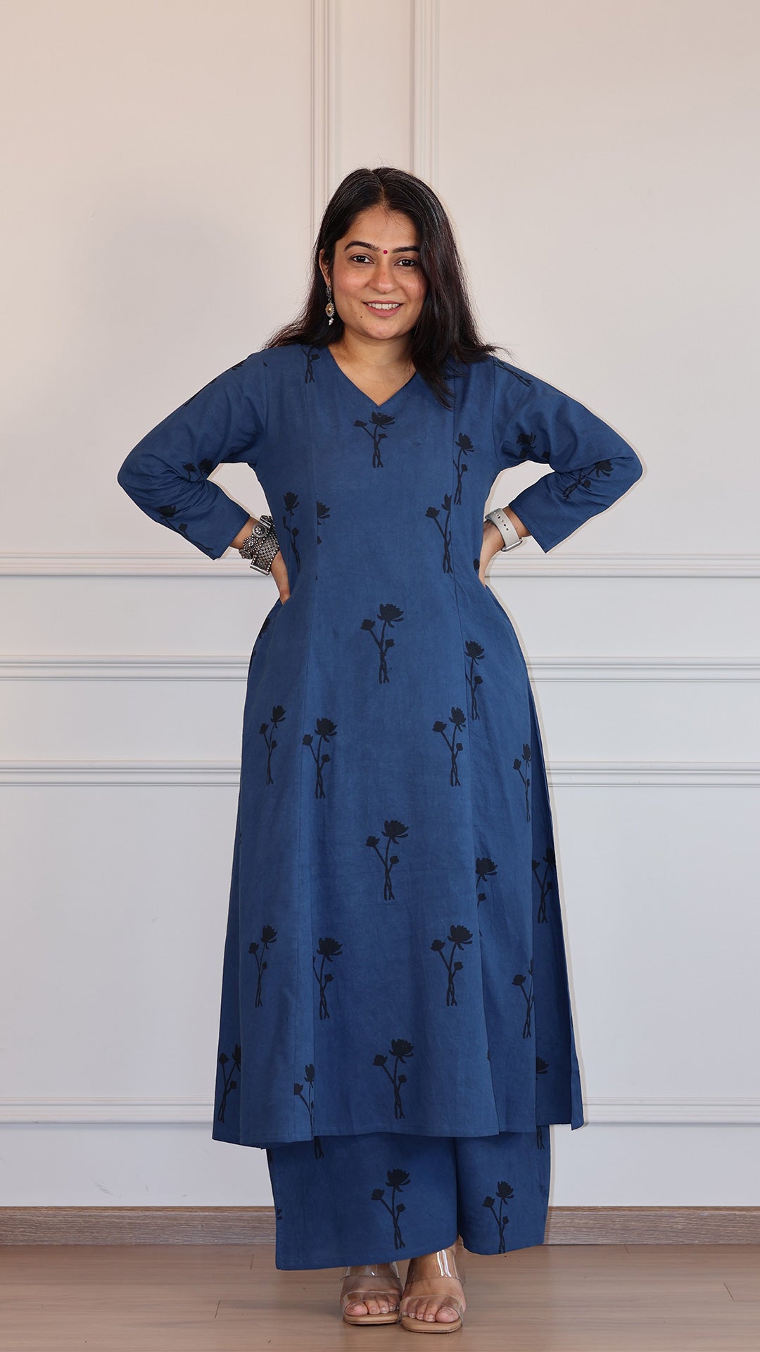 Aanvi Ajrakh Cotton Hand Block Kurta Set- Indigo/Black Floral