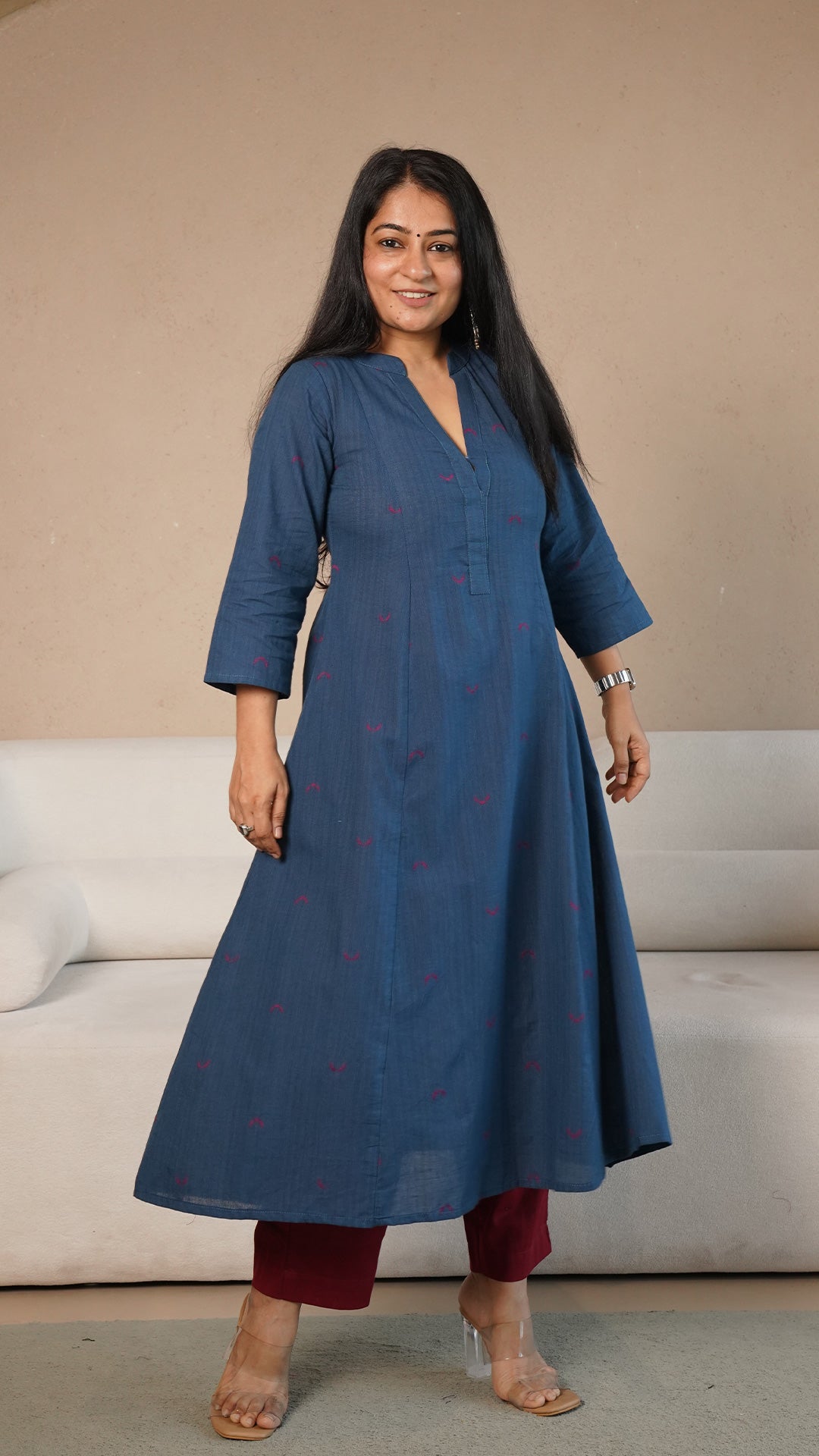 Mirah Chand Motif Hand Woven Kali Cotton Kurta - Blue