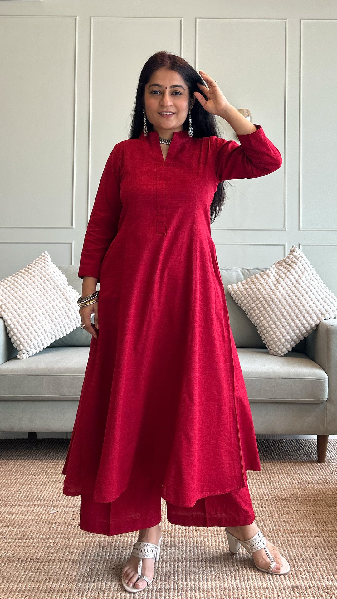 Solid Red Hand Woven Kali Cotton Kurta