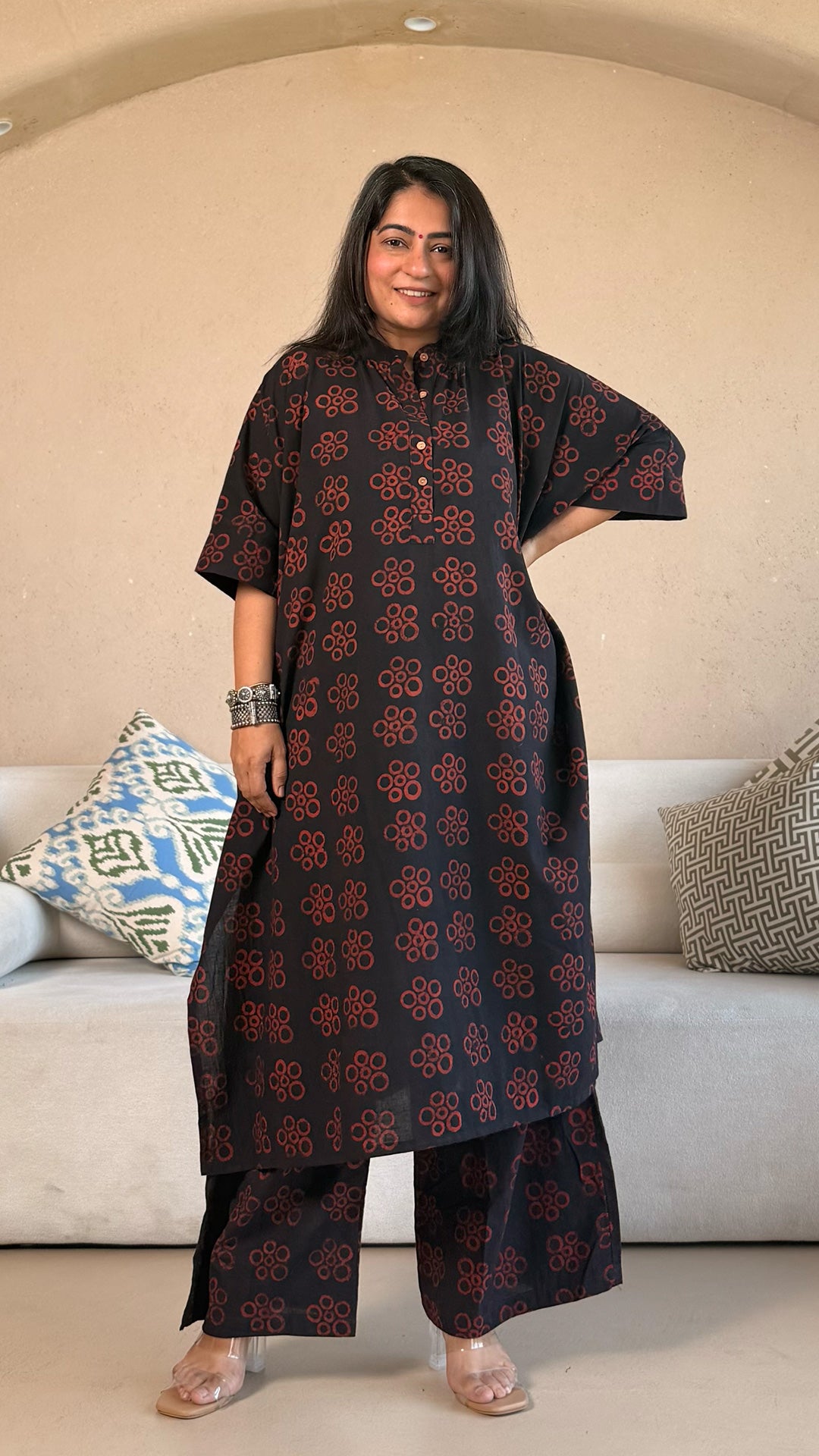 Kareena Ajrakh Cotton Kaftan Co-ord - Black/Maroon