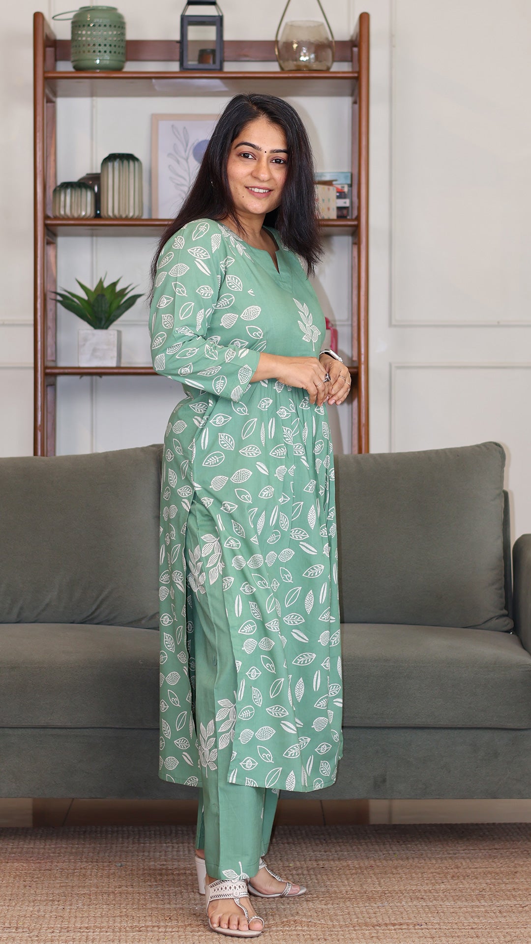 Amaira Hand Block Cotton Kurta - Sage Green