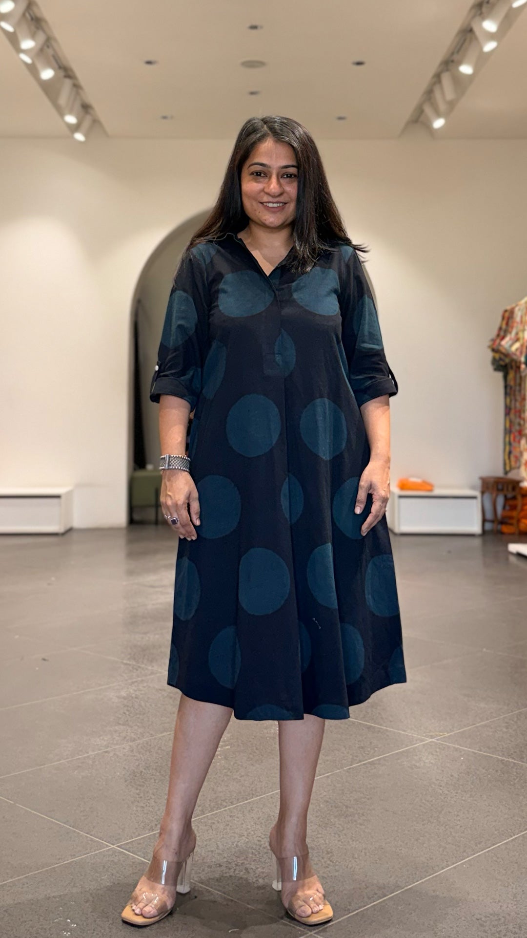 Black Polka Dots Cotton Shirt Dress In Ajrakh