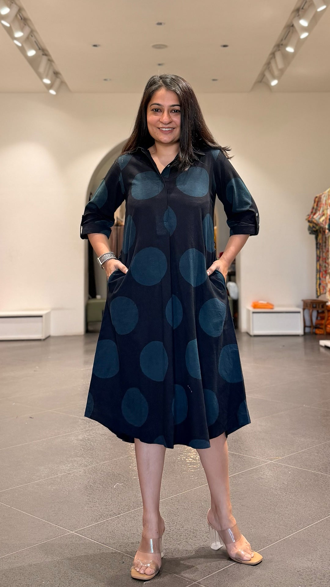 Black Polka Dots Cotton Shirt Dress In Ajrakh