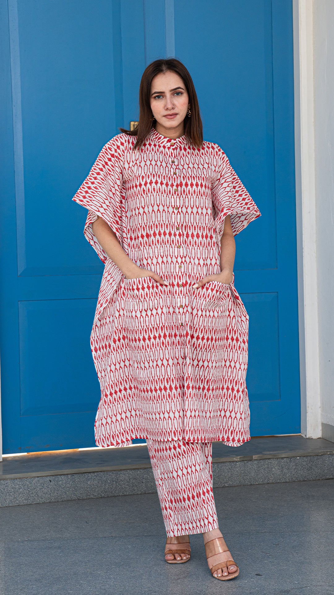 Red and White Geometric Print Kaftan Co-ord Set In Cotton