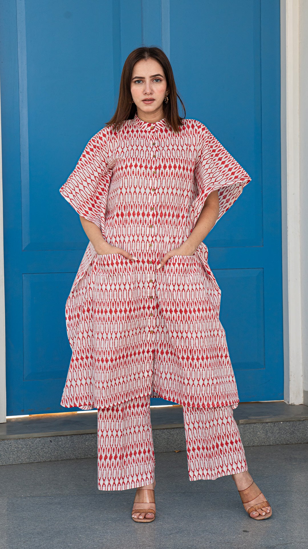Red and White Geometric Print Kaftan Co-ord Set In Cotton