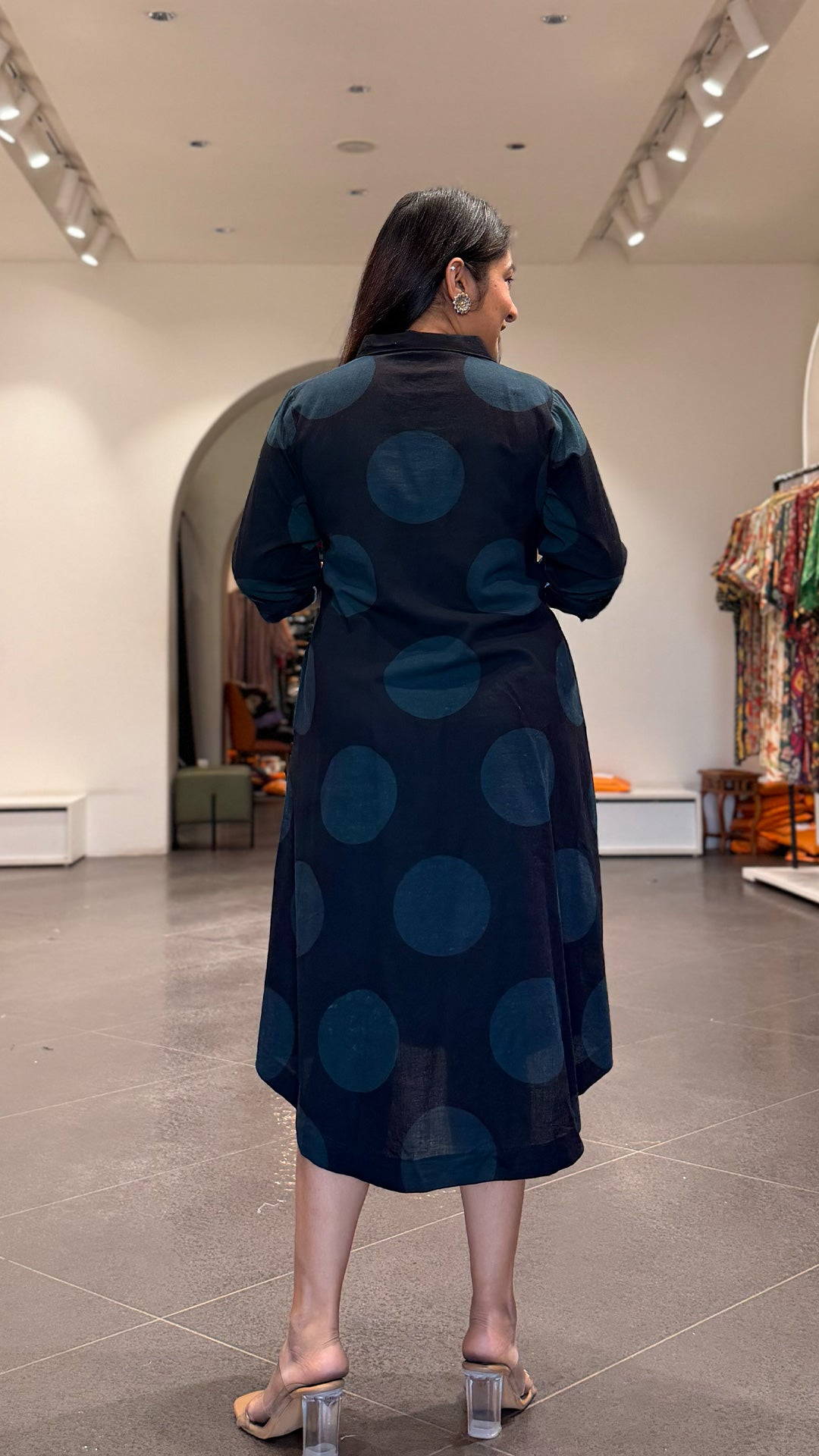 Black Polka Dots Cotton Shirt Dress In Ajrakh