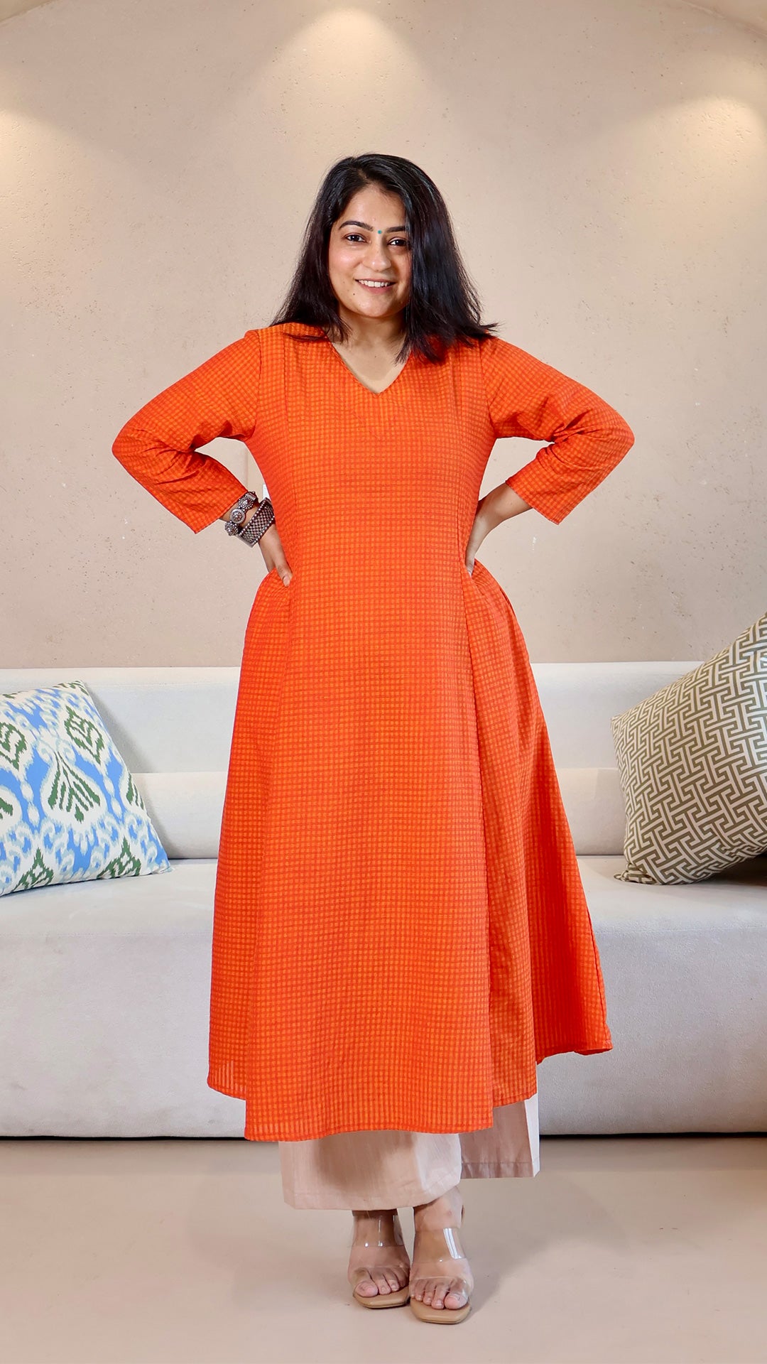 Orange Checkered Handwoven Cotton Kurta